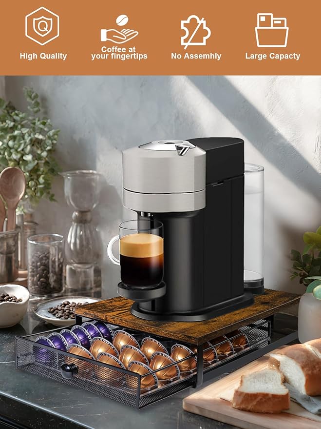 Coffee Pod Holder Drawer Organizer Vertuo Capsules Storage Organizer with Sliding Drawer Compatible For Nespresso Vertuo Pods, Holds up to 56 Small or 28 Big Vertuo Pods Rustic Brown