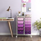 LUARANE Rolling Cart with 15 Drawers, Craft Storage Cart with Portable Handles & Lockable Wheels, Mobile Toys Organizer, Large Capacity Utility Drawer Cart Home Office School Teacher (Gradient Purple)