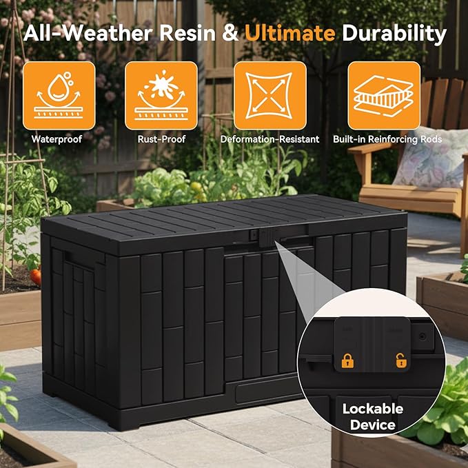 DUMOS 60 Gallon Deck Box, UV Resistant Waterproof Storage Bin for Patio Cushions Gardening Tools, Lockable Resin Outdoor Storage Box with Hundles, Black