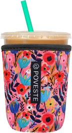 Reusable Neoprene Insulator Sleeve for Iced Coffee & Cold Soda, Coffee Sleeves for Iced & Hot Drinks, Cold Beverage Cooler Compatible with Starbucks, Dunkin (Abstract Flower, Small: 16-18oz)