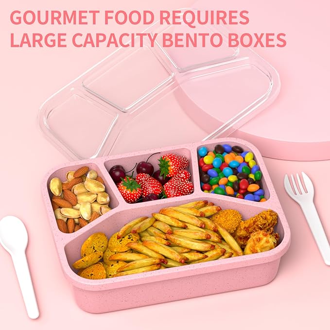 Bento Box Adult Lunch Box (4 Pack), 4-Compartment Meal Prep Container for Kids, Reusable Food Storage Containers with Transparent Lids, No BPA, Microwaveable (Wheat (Green/Blue/Pink/Beige))