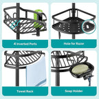 HAMITOR Corner Shower Caddy Tension Pole: Rustproof Stable 4-Tier Bathroom Organizer Shelves for Bathtub Shampoo Storage - 47-121 Inch Quick Install Adjustable Standing Rack with Soap Rack - Black