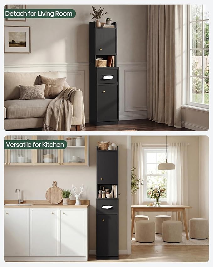 7-Tier Over Toilet Storage Cabinet with Doors, 2-in-1, Separatable Tall Narrow Cabinet, Bathroom Storage Cabinet, Adjustable Shelf, Big/Small Room, Laundry Room, Tissue Holder, Anti-Tip, Black