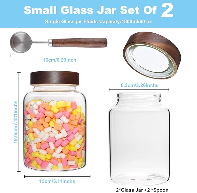 Glass Coffee Jars Spice Jar Round Storage Canister with Wooden Lid Clear Glass Food Jar for Pantry Sugar Tea Coffee Bean Spice Nuts Cookies Bath Salts (1800ml/60oz-2PACK（with spoon)