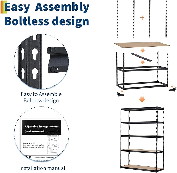 2500 LBS Heavy Duty Garage Storage Shelves, 5-Tier Adjustable Metal Shelving Unit, Storage Rack for Kitchen, Pantry, Basement, Bathroom & Laundry, 48" L x 24" W x 72" H
