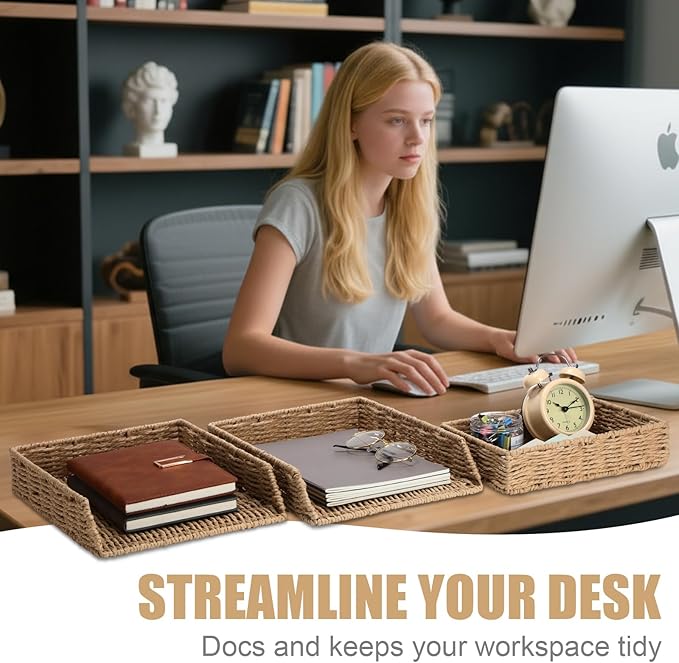 Geelin 3 Pack Paper Rope Woven Stackable Desk Organizer Letter Tray, Primary Color Tabletop Desk Basket for Storage Paper Letter Folders Notebooks Copy Print, Workspace Holder