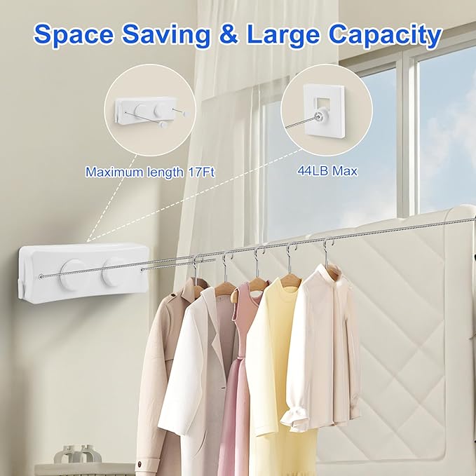 17Ft Retractable Clothesline Indoor/Outdoor, Comes with 30 clothespins, Anti-Sag for Drying Clothes line retracting Indoor/Outdoor, Dual-Line with Each Line 17Ft Long Laundry line Retractable
