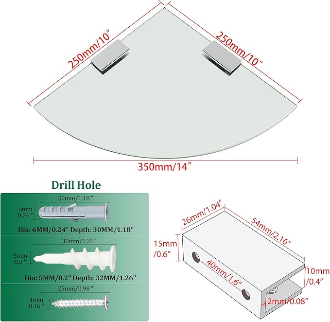 SAYAYO Glass Corner Shelf for Wall, Tempered Floating Glass Shelves for Bathroom 1 Pcs, Clear