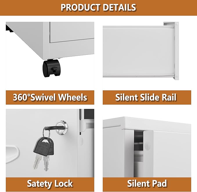 2 Drawer Rolling File Cabinet on Wheels, Mobile Two Drawer Filing Cabinet with Lock, Small Files Cabinets for Under Desk, Metal Filing Cabinets for Letter Size Folders, White - Assembly Required
