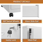2 Drawer Rolling File Cabinet on Wheels, Mobile Two Drawer Filing Cabinet with Lock, Small Files Cabinets for Under Desk, Metal Filing Cabinets for Letter Size Folders, White - Assembly Required