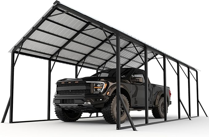 GarveeLife 13x26 ft Metal Carport with Vertical Roof, Heavy-Duty Metal Car Port 120° Steep-Pitch Roof, 133" High-Clearance for Full-Sized Pickups, Tractors, and Bass Boats