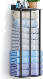 34 Inch Bathroom Towel Rack with Shelf – Modern Towel Holder for Bathroom Wall Mounted, Holds 6 Large Bath Towels, Rolled Towel Organizer for Bathroom, Laundry Room, and Small Space Storage，Black