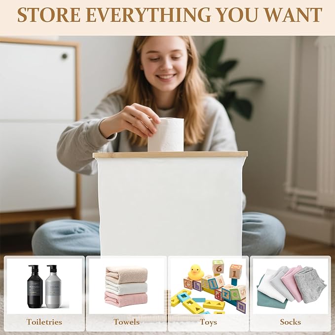 KASURE 2 PCS Toilet Paper Storage with Lid and Handle for 12 Rolls Foldable Toilet paper holder with storage Lightweight Basket for Toilet paper Organizer for bathroom with Feet for Towel Toys Beige