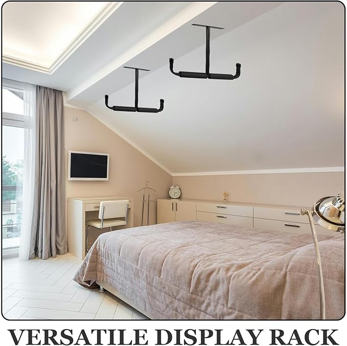 Homoyoyo Ceiling Mounted Garage Hanging Storage Rack with Double-sided T-hooks, Steel Bike and Fishing Rod Holder for Overhead Organization and Kayak Display, Black