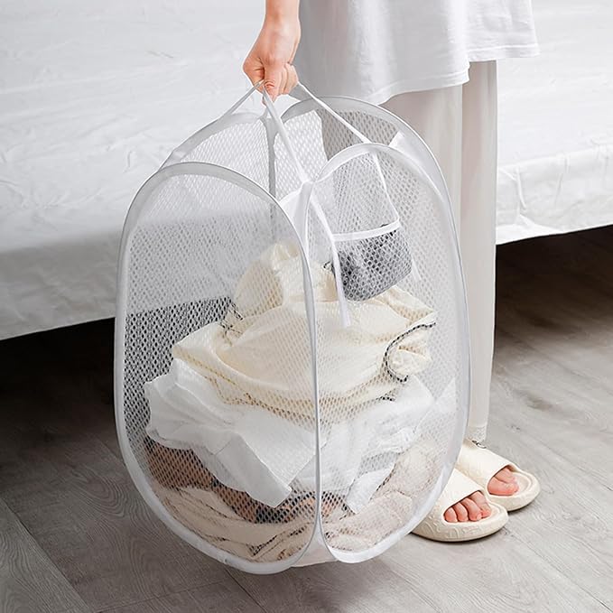 2pcs Pop Up Mesh Laundry Hamper Room Collapsible Storage Bin Lightweight Basket For College Dorm Home Travel Camping (Black & White)