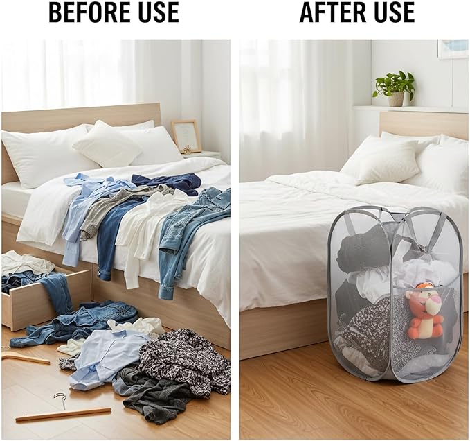 Kimmama Large Collapsible Mesh Laundry Basket,Foldable Pop Up Laundry Hamper with Side Pocket,Removable Clothes Storage Bin with Handle for Laundry Room,College Drom,Bathroom,Kid Room,Travel,72L