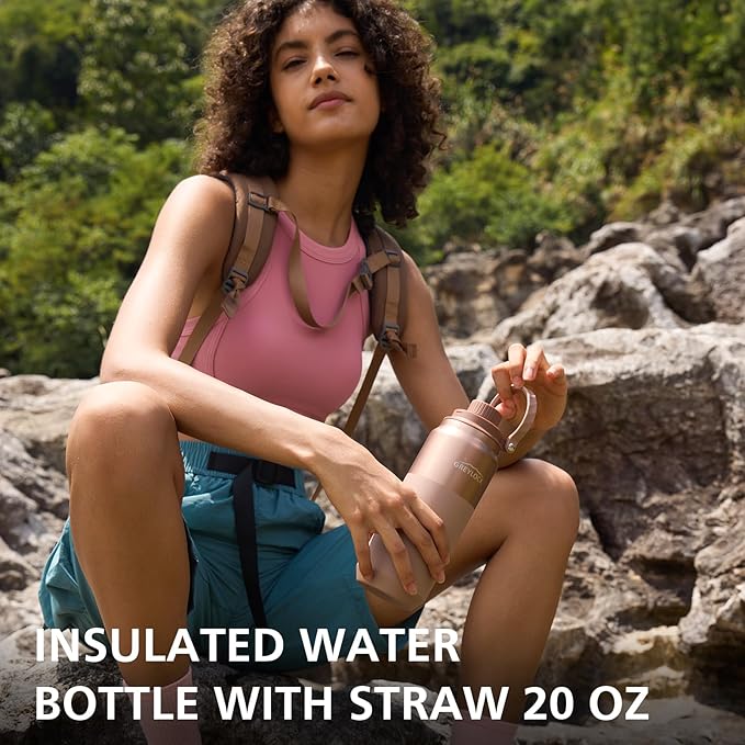 Greylock 20 oz Insulated Water Bottle with Straw Lid, Reusable Stainless Steel Sports Water Bottles with Foldable Handle, Leak Proof, Double-Wall Vacuum Insulation, 24 Hours Cold (Sunset Bronze)