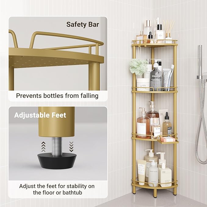 ELYKEN Corner Shower Caddy Standing, 4 Tier Rustproof Metal Shower Organizer with Soap Holder, Floor Shower Corner Shelf Rack Storage Stands with Adjustable Feet & 2 Hooks for Bathroom, Gold
