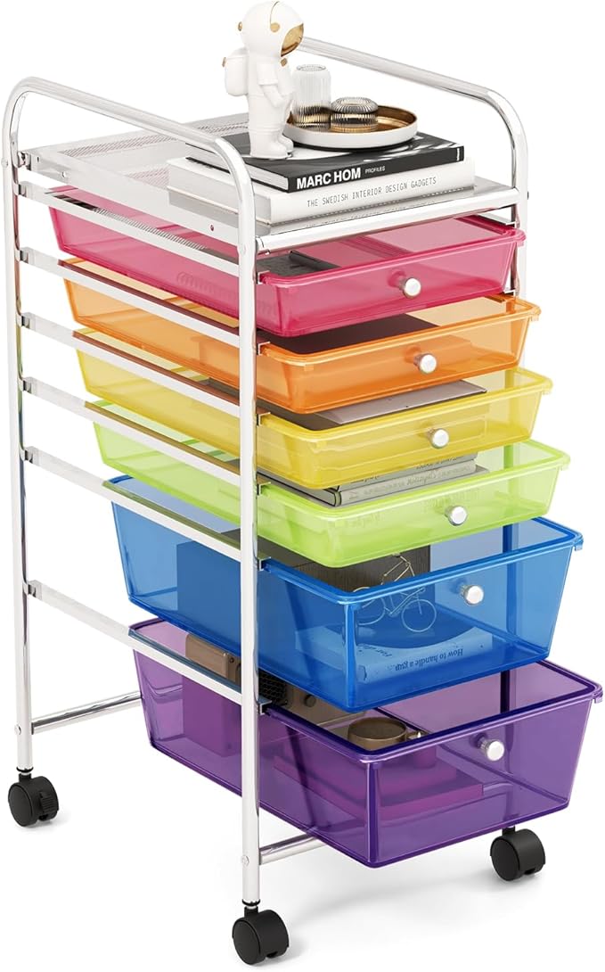 GOFLAME 6-Drawer Rolling Storage Cart, Multifunctional Art Craft Organizer Cart, Mobile Utility Storage Cart with Removable Drawers & Lockable Wheels, Craft Cart for Home Office, Rainbow