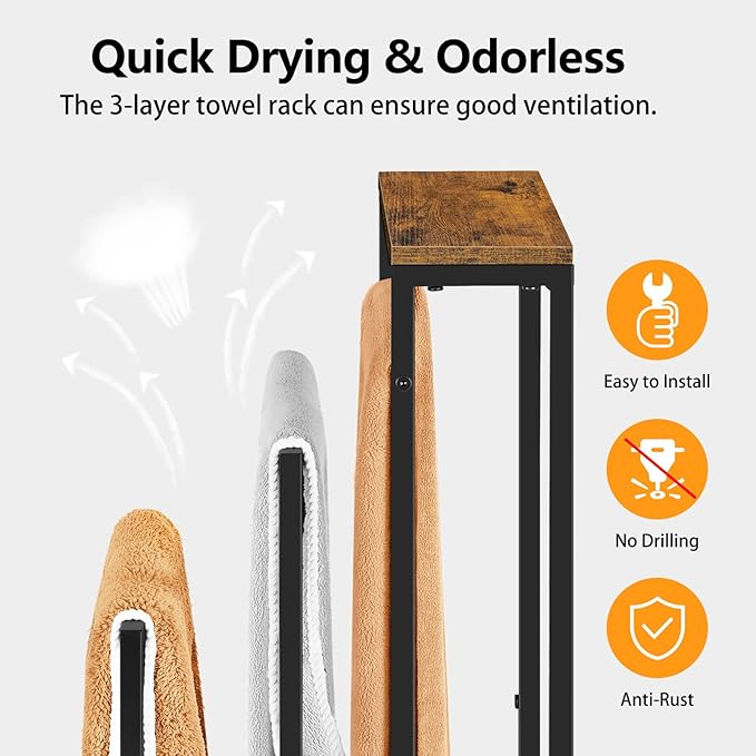 Freestanding Towel Racks for Bathroom 3 Tier Towel Drying Rack Small Standing Towel Rack with Shelf Hand Towel Holder Stand for Bathroom Floor Dorm Laundry Room (Rustic Brown)