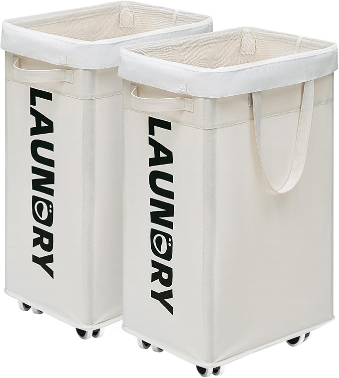 CHICVITA 2-Pack Laundry Baskets with Wheels and Handle,75L Collapsible Clothes Basket with Removable Wash Bags for Dorms and Corners, White Rolling Laundry Hamper