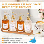 Coffee Syrup Dispenser for Coffee Bar, 16.9oz 500ml Glass Syrup Dispenser w Golden Coffee Scoop, Coffee Syrup Pump Dispenser w 36 Labels and Bamboo Tray, Coffee Syrup Bottles with Golden Pump, 4PCS