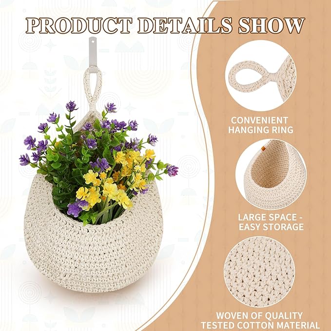 Hanging Fruit Baskets for Kitchen - 6 Pack Boho Wall Hanging Basket,Handwoven Wall Fruits Basket,for Garlic Potato Vegetable Onion Teardrop Home Hanging Storage Baskets(White Classic）