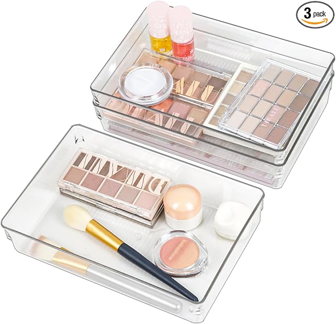 Clear Drawer Organizer Bins Set, Transparent Rectangle Trays, Dresser Bathroom Makeup Vanity Organization and Storage Bins Office Desk Drawer Dividers Organizers (3pc - 9×6×2")
