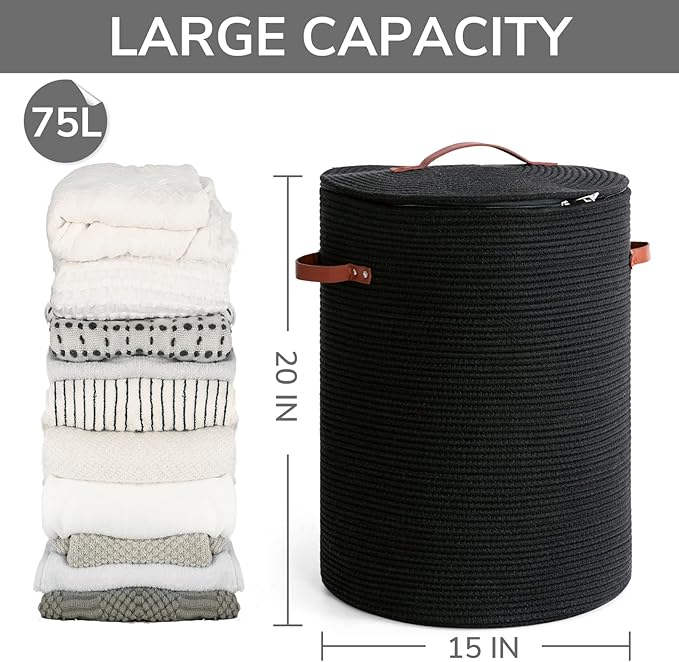CHICVITA Tall Laundry Basket with Lid, Large Laundry Hamper for Bedroom, Laundry Bin for Clothes, Blankets, Toys, Decorative Woven Basket for Living Room, 15 x 20 inches, Black