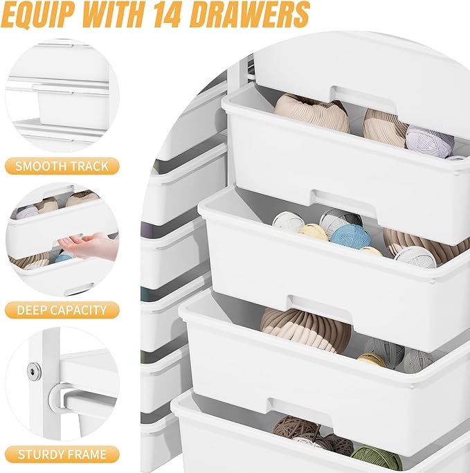 Rolling Storage Cart with 14 Drawers, Storage Organizer Cart with Tabletop and Pegboard,Utility Cart for Living Room, Classroom, Bedroom,Bathroom,Dorm,Office (White)