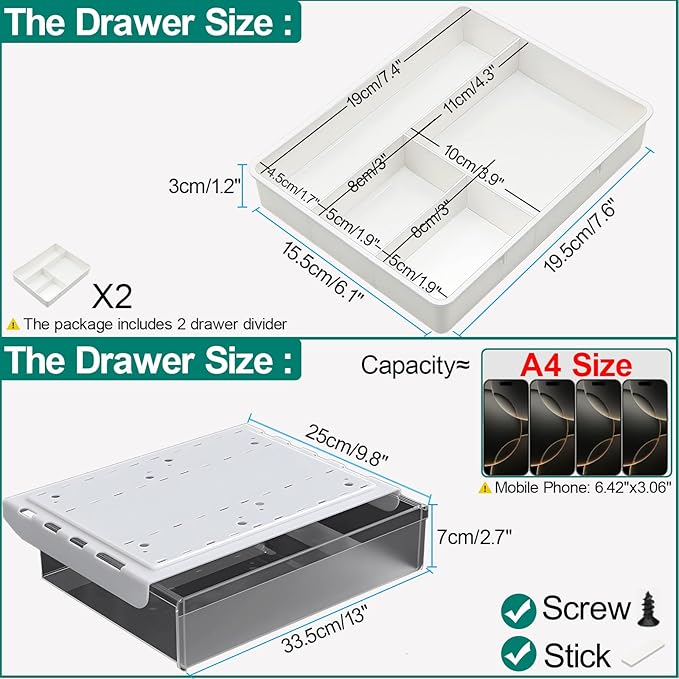Large Under Desk Table Drawer Storage Organizer, Slide Out Drawer with 2 Desk Divider,Pencil Storage Self-Adhesive Tray Under Table (L/Clear Black+White)