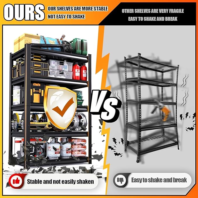 48" W x 24" D Garage Shelving Heavy Duty Unit, 4-Tier Adjustable Metal Storage Shelves, 2400 lbs Industrial Shelf Stand Organizer for Garage, Basement, Warehouse, Pantry, Kitchen, Black, 63" H