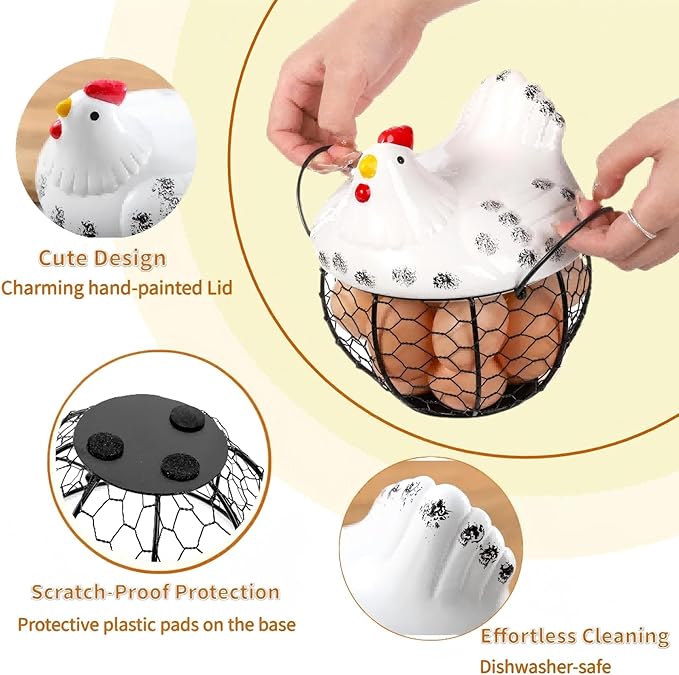 AVLA Chicken Egg Basket, Black Wire Egg Collection Baskes with Ceramic Lid for Gathering Fresh Eggs, Chicken Egg Holder, Decorative Farmhouse Cute Eggs Storage Container for Kitchen, Countertop