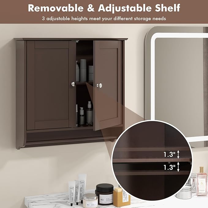 Giantex Bathroom Cabinet Wall Mounted - Over The Toilet Medicine Cabinet with Double Doors, Adjustable Shelf and Towels Bar, Above Toilet Storage Cabinet for Bedroom Kitchen Wall Cabinet (Coffee)