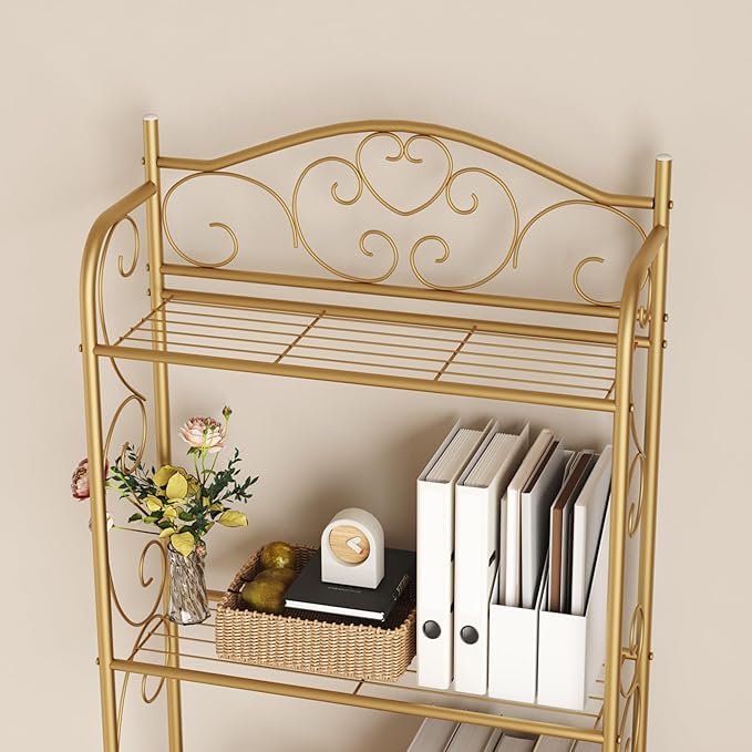 HOME BI Over The Toilet Storage Shelf, 3-Tier Over Toilet Bathroom Organizer Rack, Freestanding Space Saver Toilet Stands with Hooks, Gold