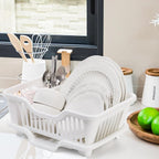 2-Piece Plastic Dish Drying Rack, Heavy Duty Sink Set Dish Rack, White Large Drainer with Attached Drainboard Utensil Cup Holders for Home Kitchen Counter Top Organizers