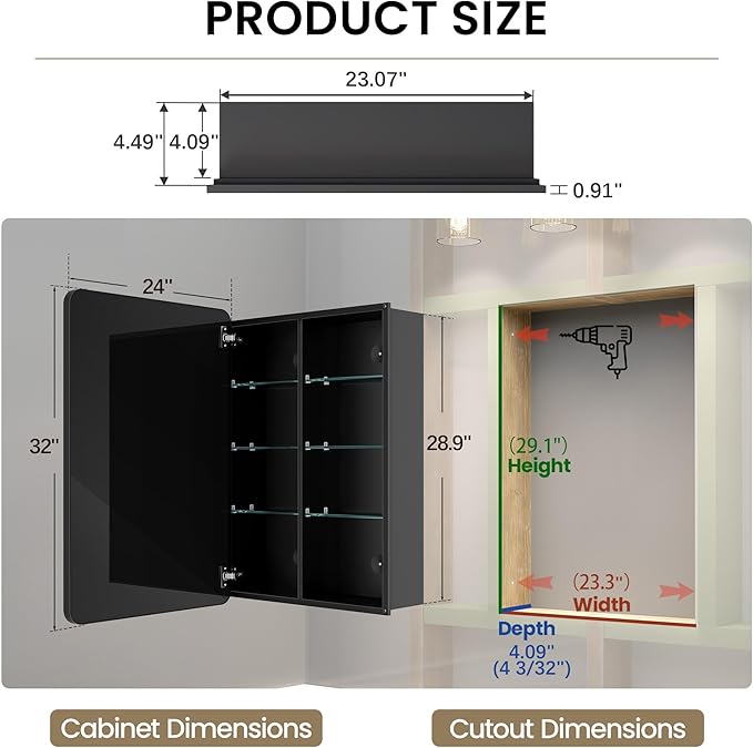 Large Medicine Cabinet 24x32 Inch, Matte Black Aluminum Bathroom Mirror Cabinet with Storage, 6 Adjustable Glass Shelves, Rust Proof Recessed or Surface Mount, Heavy-Duty Soft Close