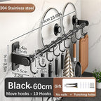 Hanging Wall Mount knife Wall Mount, Kitchen Organizer Storage Shelf for Utensils Spatula Spoon, Space-Saving Knife Rack with Hooks,Wall-Mounted Utensil Holder (Black, 60CM+Single Pole+10Hooks)