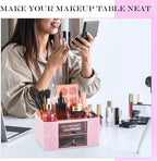 Pink Bling Desk Organizer with 2 Drawer, Sparkly Makeup Organizer for Vanity, Girly Desk Accessories, Rhinestone Pen Holder, Elevate Your Workspace with Pink Serenity (Diamond)