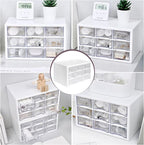 Desk Storage Organizer with 9 Drawers, MYKASEN Clear Plastic Storage Cabinet, Stackable Desk Storage Box for Makeup Office Craft Hardware Art Supplies, 9.8x6.3x5.9inch(White)