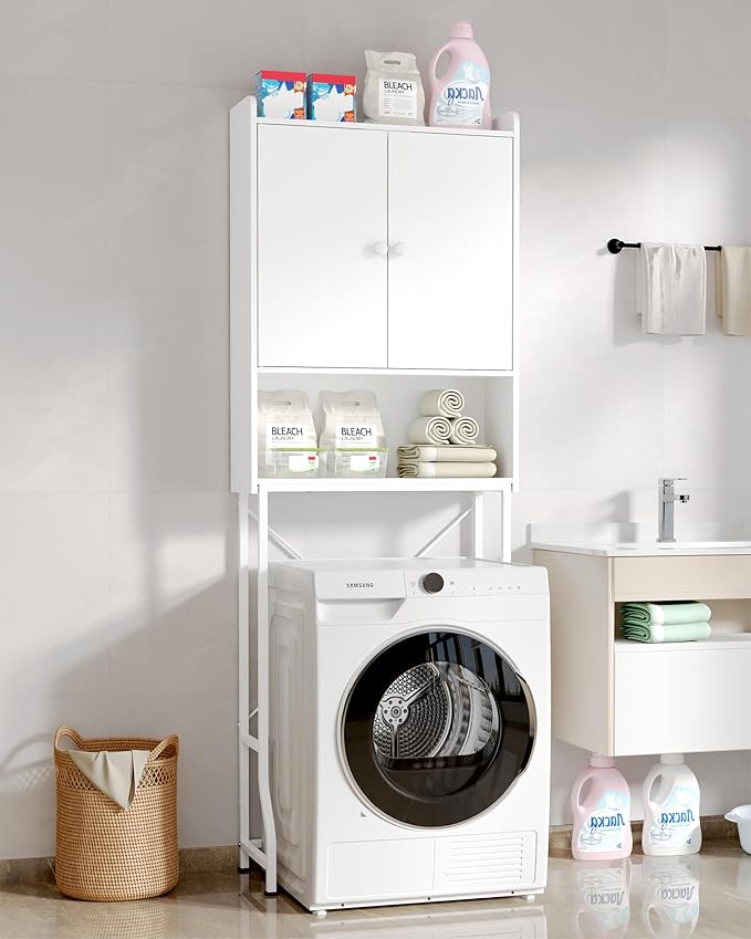 Kitsure Over The Toilet Storage Cabinet - 3 Tier Bathroom Organizers and Storage Solution with Adjustable Shelf & Bottom Bar, Anti-Tip Bathroom Storage Cabinet, White, 3 Tiers (67.7" H)
