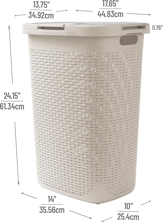 Mind Reader Slim Laundry Hamper with Lid, 60L Tall Clothes Basket, Narrow Tapered Design for Bathrooms, Closets and Laundry Rooms, Plastic, 2 Pack, Ivory