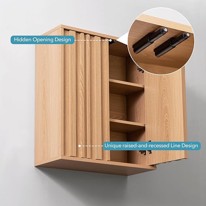 Fluted Bathroom Wall Cabinet Over Toilet, 15mm Thick Moisture-Resistant Wood Hanging Storage with Push-to-Open Doors, Japandi Floating Medicine Cabinet for Half Bath & Kitchen, Natural Oak