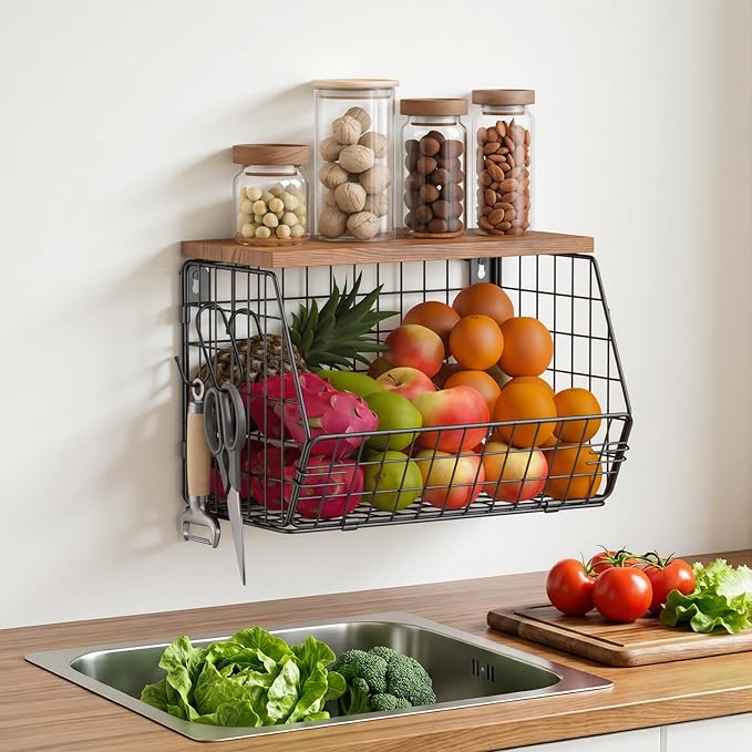 Housolution Wall Mounted Fruit Basket for Kitchen, Hanging Fruit Bowl Wire Baskets with 4 Hanger Hooks, Potato and Onion Storage, Countertop Organizer for Snack, Fruits and Vegetable Storage
