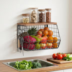 Housolution Wall Mounted Fruit Basket for Kitchen, Hanging Fruit Bowl Wire Baskets with 4 Hanger Hooks, Potato and Onion Storage, Countertop Organizer for Snack, Fruits and Vegetable Storage