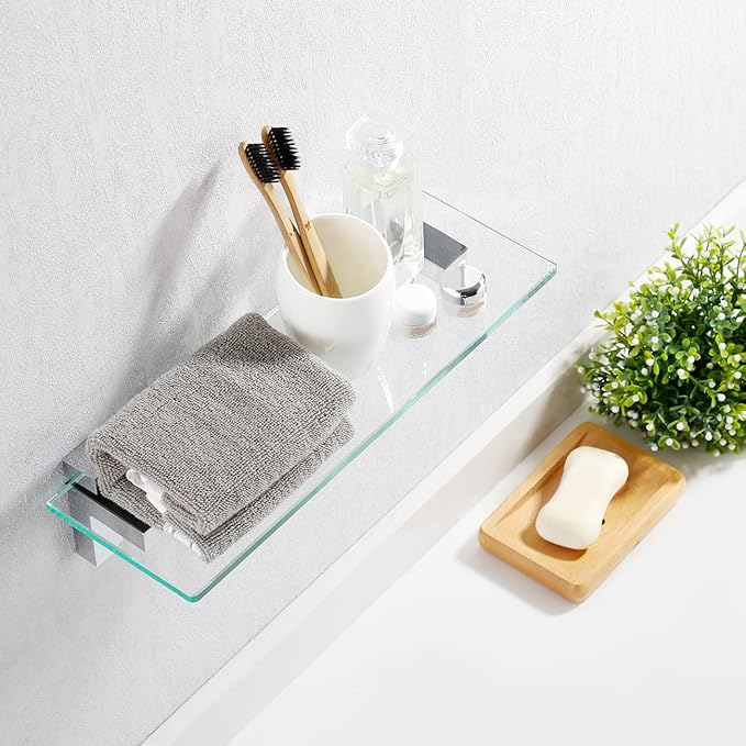 KES Bathroom Shelf Tempered Glass Shelf, 20 Inch Rectangular Glass 8mm-Thick Extended, Wall Mount Polished Chrome, BGS3201
