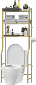 3-Tier Over The Toilet Storage, Freestanding Metal Bathroom Shelves with 4 Hooks, Over Toilet Storage Shelf with Paper Holder, Above The Toilet Shelf for Bathroom Storage, Gold