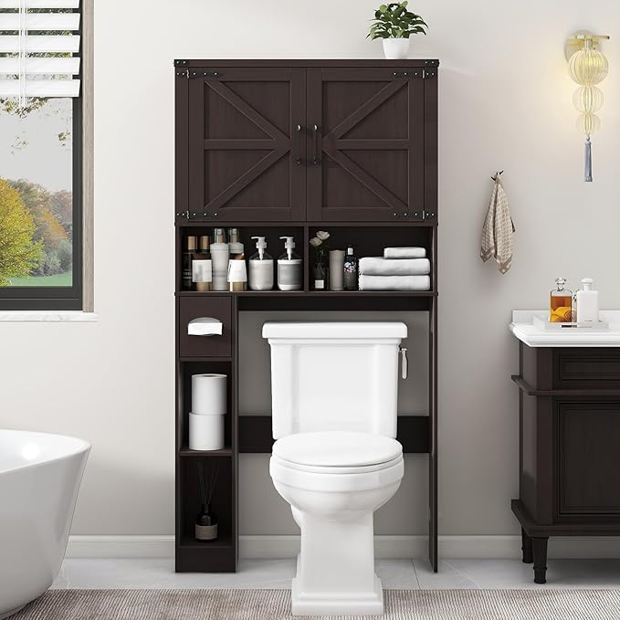 Vabches Over The Toilet Storage Cabinet, Farmhouse Storage Cabinet Over Toilet with 2 Barn Doors & Toilet Paper Holder Stand，Home Space-Saving Toilet Rack, for Laundry, Restroom, Bathroom.Walnut