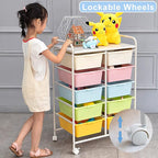 Rolling Cart with 10 Drawers, Plastic Drawer Cart with Metal Frame, Multipurpose Art Craft Cart Organizer with Wheels, Utility Cart with Drawers for Home, Office, School, White