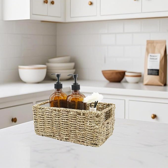 YRMT Small Seagrass Storage Basket Toilet Paper Baskets with Built-in Handles Bathroom Organizer Narrow Baskets for Organizing Toilet Tank 2 Pack (Seagrass)
